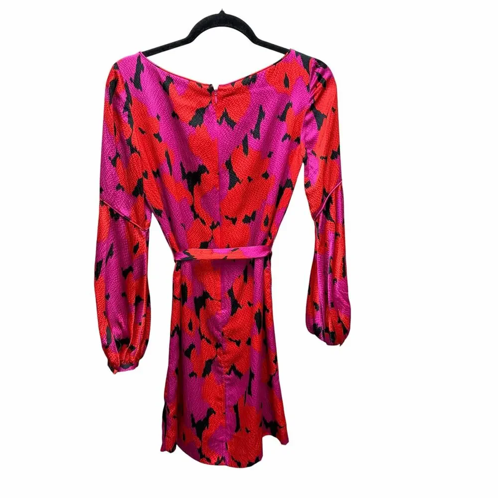 Tory Burch Pure Silk Pink Red Black Belted Tie Waist Mini Dress Size 2 Preppy
